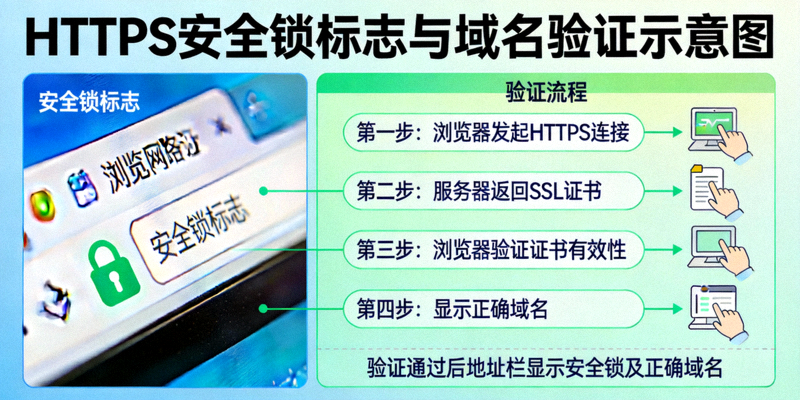 浏览器中HTTPS安全锁标志和正确域名验证示意图