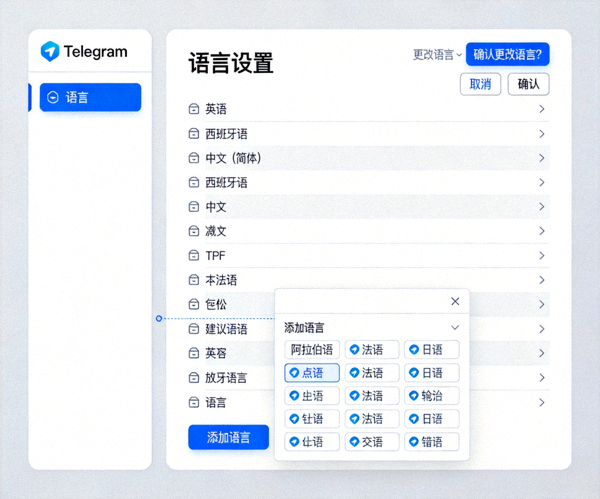 Telegram Desktop 设置菜单中的语言选项界面，展示如何添加和更改语言