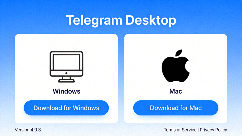 Telegram官方网站桌面版下载页面布局示意图，展示Windows和Mac下载选项