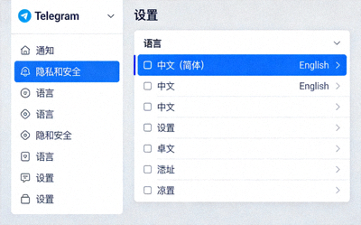 Telegram桌面版设置菜单中选择中文语言选项的界面截图