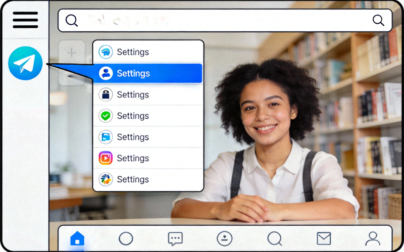 在Telegram界面中点击左上角菜单并选择Settings选项的示意图